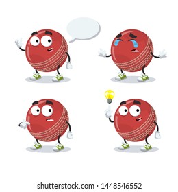 set of cartoon red leather cricket ball character mascot on white background