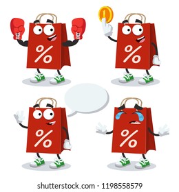 set of cartoon red paper bag with percent symbol character mascot on white background