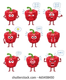 Set of cartoon red pepper characters showing different actions, emotions, gestures. Cheerful pepper laughing, crying, pointing, thinking, angry and doing other actions. Simple vector illustration