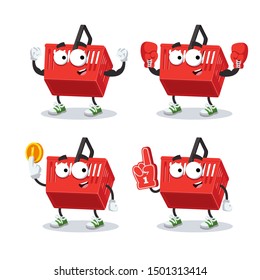 set of cartoon red plastic shopping basket character mascot on white background
