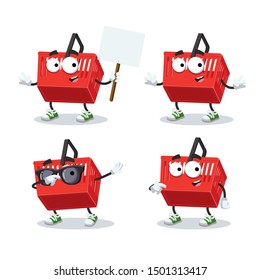 set of cartoon red plastic shopping basket character mascot on white background