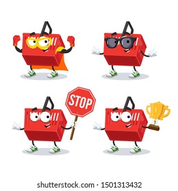 set of cartoon red plastic shopping basket character mascot on white background