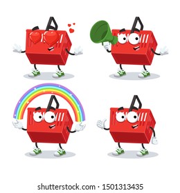 set of cartoon red plastic shopping basket character mascot on white background