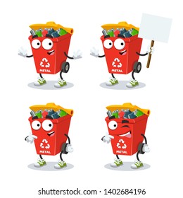 set of cartoon red recycle garbage can for metal character mascot on white background