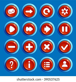Set of Cartoon red round buttons with web icons, isolated vector elements. Gui elements, vector isolated games assets.menu set for mobile games.vector GUI elements kit.