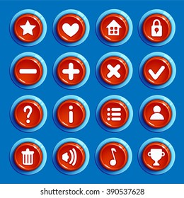 Set of Cartoon red round buttons with web icons, isolated vector elements. Gui elements, vector isolated games assets.menu set for mobile games.vector GUI elements kit.
