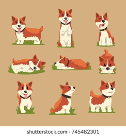 Set of cartoon red-haired corgi dogs