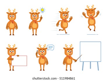 Set of cartoon reindeer characters posing in different situations. Cheerful reindeer talking on phone, pointing up, running, jumping, holding banner, pointing to whiteboard. Flat vector illustration