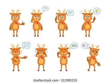 Set of cartoon reindeer characters posing in different situations. Cheerful reindeer talking on phone, thinking, pointing up, laughing, crying, tired, full of energy. Flat vector illustration