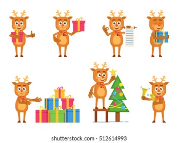 Set of cartoon reindeer characters posing in different situations. Cheerful reindeer decorating Christmas tree, holding gift box, present, scroll, jingle bells. Flat vector illustration