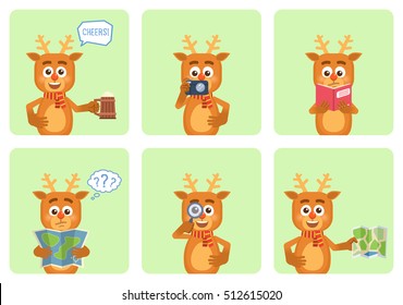 Set of cartoon reindeer characters posing in different situations. Cheerful reindeer holding mug of beer, photo camera, magnifying glass, map, reading a book. Flat vector illustration