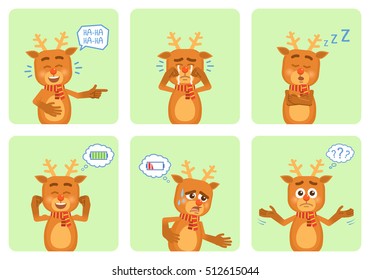 Set of cartoon reindeer characters posing in different situations. Cheerful reindeer laughing, crying, sleeping, thinking, full of energy, tired. Flat vector illustration