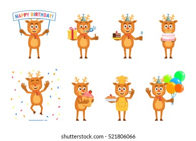 Set of cartoon reindeer characters posing in different situations. Cheerful reindeer holding birthday banner, present, cake, pie, cupcake, balloons. Birthday celebration. Flat vector illustration