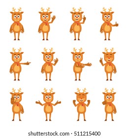 Set of cartoon reindeer characters showing different hand gestures. Cheerful reindeer showing thumb up gesture, waving, greeting, pointing and other hand gestures. Flat vector illustration