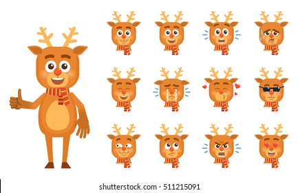 Set of cartoon reindeer emoticons. Reindeer avatars showing different facial expressions. Happy, sad, cry, laugh, surprised, tired, angry, in love and other emotions. Simple style vector illustration