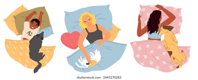 Set of cartoon relaxed people characters sleeping alone with pets in bed vector illustration. Adult woman and little boy child enjoying deep dream with dog and cat