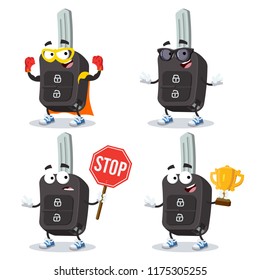 set of cartoon remote ignition car key character mascot on white background