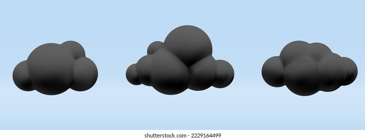 Set of Cartoon render 3d vector fluffy round black clouds icon design. Meteorology, hell, Dark dust, smoke, ecology disaster, thunder and environment poison symbol.