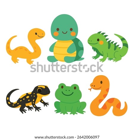 Set of cartoon reptiles and amphibians including dinosaur, turtle, iguana, salamander, frog, and snake. Flat colorful illustration on white background. Cold-blooded animals and wildlife concept