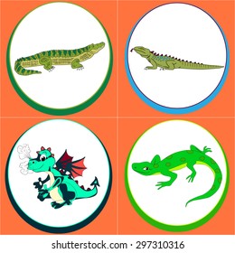 Set of the cartoon reptiles in the round frame for the kids