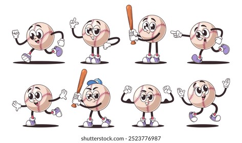 Personajes De Pelota De Béisbol Retro De Dibujos Animados Que Muestran Diversas Posturas Divertidas Y Energéticas, Diferentes Movimientos Y Gestos