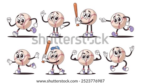 Set Cartoon Retro Baseball Ball Characters Displaying Various Fun And Energetic Poses, Different Movements And Gestures