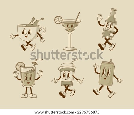 Set of cartoon retro beverage 70s cartoon characters. Vintage funny Coffee cup, lemonade bottle, soda can, coctail glass, cappuccino, juice mascot. Drink vector illustration. Nostalgia 1970s, 60s