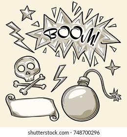 Set of cartoon retro bomb explosion icons