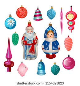 Set of cartoon retro Christmas tree decorations from USSR. Soviet union New year icons isolated on white background. Colorful christmas toys vector set.