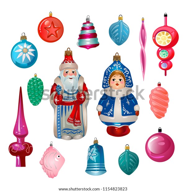 Set Cartoon Retro Christmas Tree Decorations Stock Vector (Royalty Free