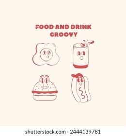 set cartoon retro fast food and drink, stickers groovy comic food vector characters vintage eating background with stickers quotes for menu cafe restaurant