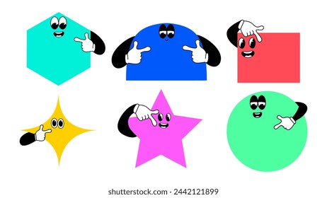 Set of cartoon retro shapes with empty space for your text. Children's game with geometric shapes.
Funny characters. Vector illustration. 