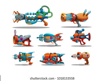 Set Of Cartoon Retro Space Blasters, Ray Guns, Laser Weapons Isolated On White Background. Vector Illustration.