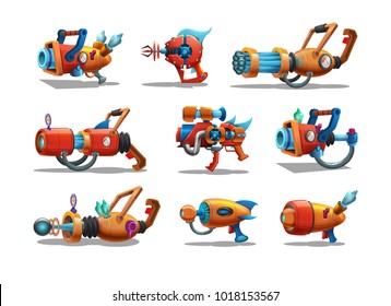 Set of cartoon retro space blasters, ray guns, laser weapons isolated on white background. Vector illustration.
