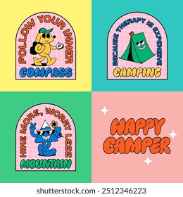 Set of Cartoon Retro Stickers with Cute Characters and Quotes about Camping and Traveling. Vector Groovy Illustrations. Psychedelic Vintage Mascots.