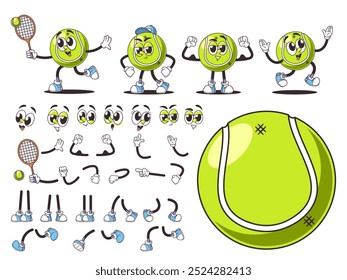 Conjunto De Cartoon Retro Tennis Ball Personagens Com Expressões Divertidas E Poses, Acessórios Como Raquetas E Sapatos