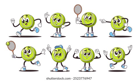 Set Of Cartoon Retro Tennis Balls Displaying Different Sporty Actions And Emotions, Showcasing Vibrant Facial Features