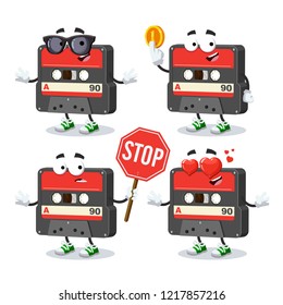 set of cartoon retro vintage audio cassette character mascot on white background