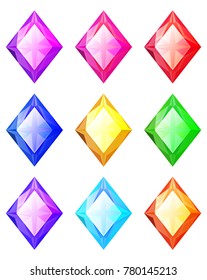 Set of cartoon rhombus different color crystals, rhinestones, gems, diamonds vector stock collection for game design isolated on white background. Gui elements, vector assets. Menu for mobile games