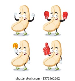 set of cartoon roasted cashew nut kernel character mascot on white background