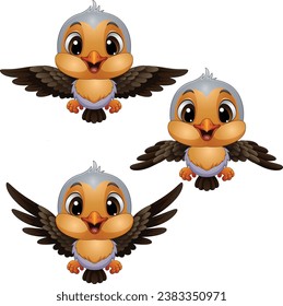 Set of cartoon robin bird on white background