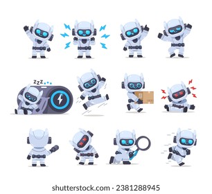 Set of cartoon robot assistants in different poses on isolated background. Flat vector character