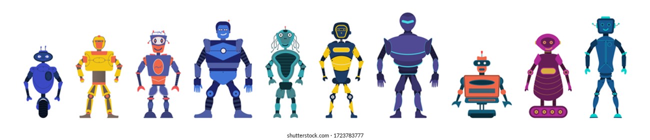 Set of cartoon robots. Robots cute characters and transformer, androids retro set cartoon toys character of the future artificial cyborg. Technology, the future. Vector illustration, eps 10.