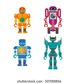 Conjunto de robots de dibujos animados. Ilustración aislada sobre fondo blanco.