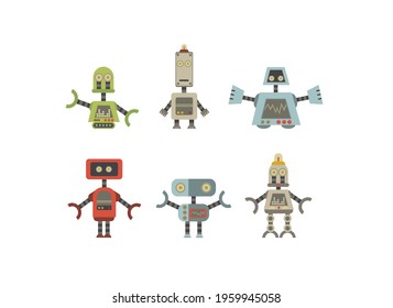 Set of cartoon robots. Vector illustration of robotics for children.