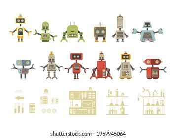 Set of cartoon robots. Vector illustration of robotics for children.