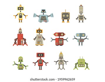 Set of cartoon robots. Vector illustration of robotics for children.