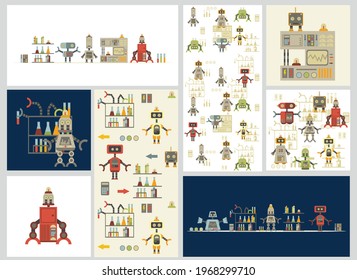 Set of cartoon robots. Vector illustration of robotics for children.