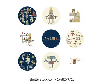 Conjunto de robots de dibujos animados. Ilustración vectorial de la robótica para niños.