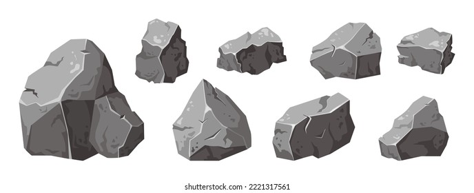 Set cartoon rock of different bouldesrs. Stone of various shapes. Heap of heavy cobbles. Granite cobblestone, natural building block. Vector illustration.